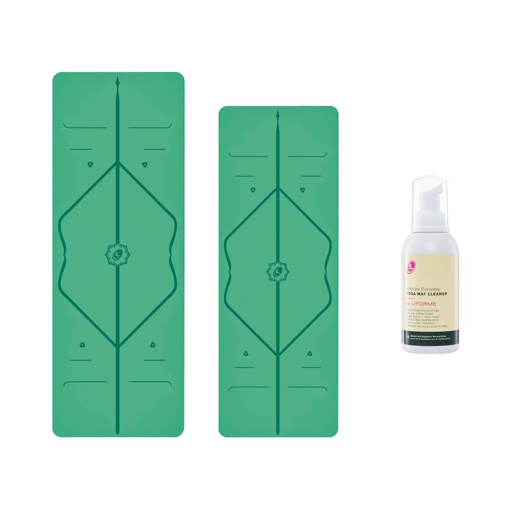 LIFORME Original Yoga Mat & Travel Mat & Ultimate Everyday Yoga Mat Cleaner - Bundle Pack -Patented Alignment System, Eco-Friendly, Non-Slip Warrior-Grip, Sweat Resistant, Comfortable - Green/Green