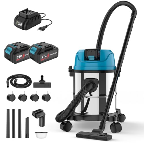Nass-Trockensauger für Makita 18V Batterie, Industriestaubsauger mit Düsenzubehör, 15 l Edelstahlbehälter, Patronenfilter, für Zuhause und Fabrik (3000mah Akku*2)