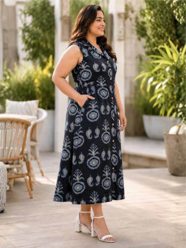 Image of Indietoga Women Plus Size Printed Cotton Midi A-line Dress (XL to 7XL)