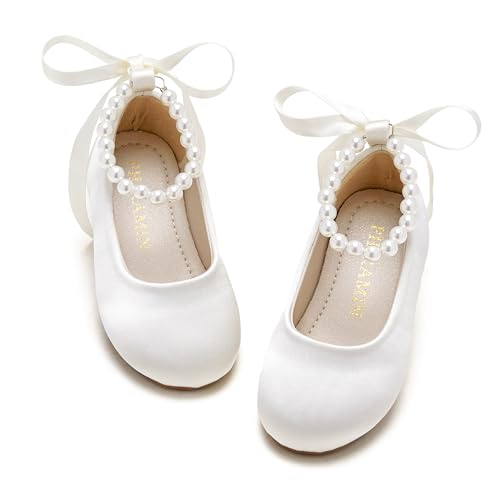 PHIRAMIN Toddler Flower Girl Satin Ivory White Dress Shoes - Little Girl Ballet Flats Size 10 Pearl Wedding Party