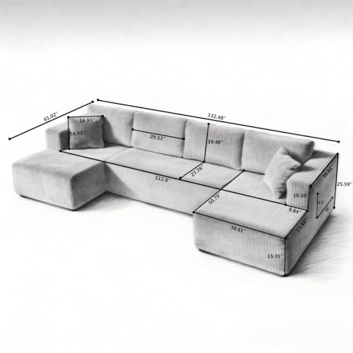 Image of KCGKCG 132 inch U Shaped Corduroy Cloud Couch - No Assembly Required, Dark Gray