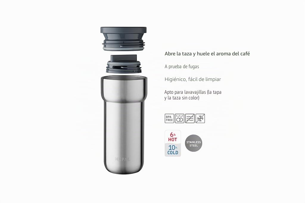 Mepal - Taza Aislante Ellipse - 6 Horas Caliente y 10 Horas Fría - Taza Termica para Llevar - Adecuada como Taza de té y Taza de Café - Se Adapta a Todos los Portavasos - 475 ml - Natural Brushed