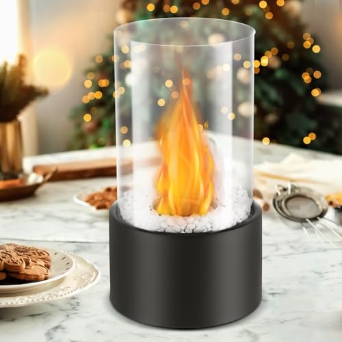 Protable Tabletop Fireplace, Bio Ethanol Table Top Fire, Table Top Heater for Outdoor and Indoor, Windproof Glass, Table Top Fire Pit for Living Room, Christmas, Valentine's Day, Birthday(Round)