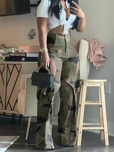 Women's Camo Cargo Pants High Waist Y2K Baggy Cut Out Straight Leg Casual Trousers Streetwear3