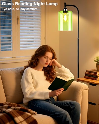 Image of Lightdot 64IN Glass Floor Lamp for Living Room, Modern Standing Lamps with Green Ribbed Glass Lampshade& Bulb Included, Industrial Floor Lamp for Bedroom /Sofa Beside /Corner Decor-Black