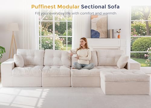 Image of MAXYOYO 132 inch L Shaped Modular Sectional Sofa with Ottoman, Cloud Boneless Couch with Layered Cushion, Upholstered Sofa in a Box, Flexible Module Combination for Living Room, No Assembly, Beige