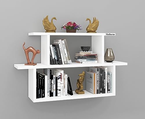 Image of Madhuran Engineered Wood Wall Mounted Shower Books Storage Shelf Stand Tier 3 White /Home Library Shelves Cabinet Decorative Brackets Open Organizer