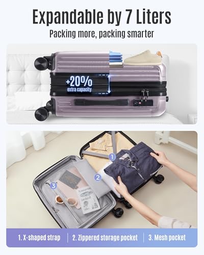 Image of LIGHT FLIGHT Carry On Luggage 22x14x9 Airline Approved, Rose Purple | 20 Inch, 22x14x9 Airline Approved, Hard Shell with Wheels, Expandable, TSA Lock