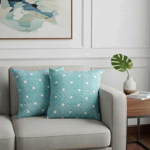 Image of STITCHNEST 'QuadraNest' Series Printed Quilted Velvet Cushion Cover 16x16 Inch Set of 2 | Premium Soft Fabric, Washable & Fade Resistant | Decorative Living Room Cushion Covers | Pastel Green