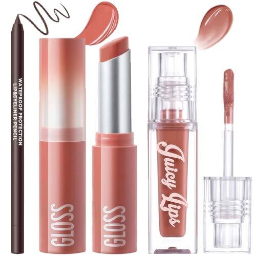 3PCS Matte Liquid Lipstick Lip Balm & Brown Lipliner Set, Hydrating Lip Gloss in Nude Mocha, Moisturising Waterproof Lips Combo for Dry Lips with Dewy Plump Effect