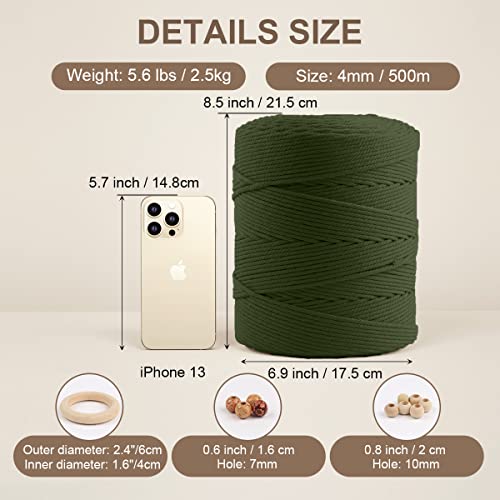 Image of ZUEXT Macrame Cord, Army Green, 4mm x 547yds Cotton String Macrame Yarn | Natural Handmade, 4 Strands Twisted Cotton Rope, for Craft Wall Hanging Weaving Tapestry Dream Catchers Hanger DIY Gift, 500m