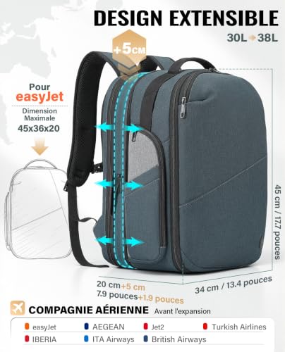 Sac Cabine Easyjet 45X36X20 : VANKEV Sac à Dos Voyage Extensible Bagage Cabine pour EasyJet Sac... – Image 2