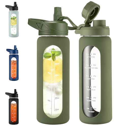 Image of CIVAGO 24 oz Glass Water Bottle with Straw and Handle, Large Sports Motivational Water Bottle Flask with Time Marker and 2 Lids, Leakproof Jug Canteen with Silicone Sleeve for Gym, Army Green