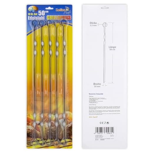 OLYMP 10 Schaschlikspiesse 1,5 mm. Edelstahl 50cm. Schampura Grillspiesse Fleischspiesse auch für Mangal