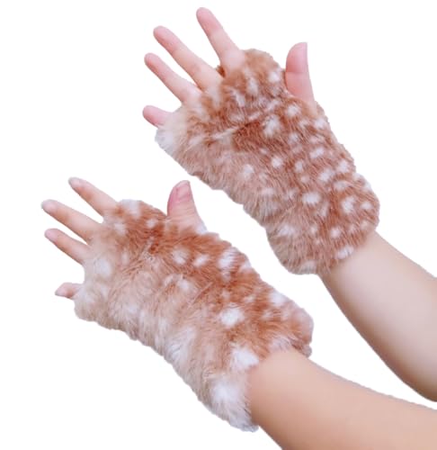 Satisyo Christmas Costume Deer Cosplay Accessories Winter Faux Fur Deer Leg Warmers for Women Girls Furry Fingerless Gloves (ONLY Gloves 1 Pair)