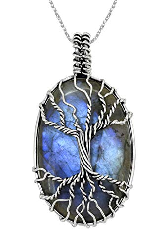 YoTreasure Tree of Life Labradorite Pendant Solid 925 Sterling Silver Chain Necklace Jewelry