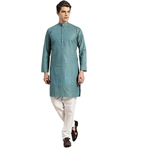 Image of SOJANYA (Since 1958 Men's Cotton Linen Blue Foil Printed Kurta and White Pyjama Set