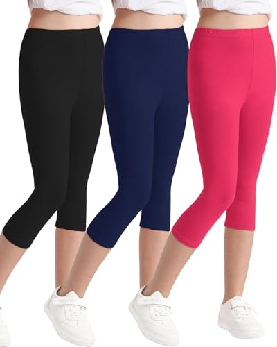 Domee Mädchen 3/4 Leggings Caprihose Sommer Baumwolle Sport 3er-Pack Schwarz&Marineblau&Rosenrot 140-146 (Herstellergröße 150)