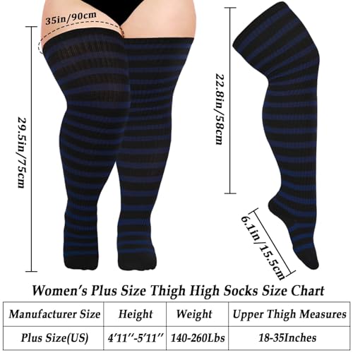 Image of Moon Wood Plus Size Thigh High Socks for Women Knit Cotton Extra Long Striped Over the Knee High Socks Leg Warmers