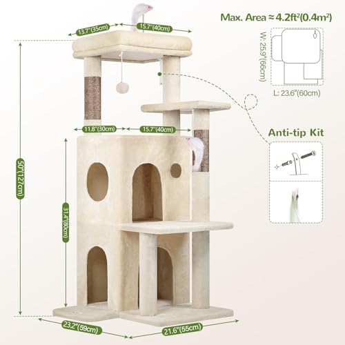 Image of Globlazer Cat Tree Tower for Indoor Cats, 50-inch Adult Cat Tree House for Large Adult Cats with Steps, Scratching Post, 2 Cat Caves, Dangling Toys, FC50, Beige