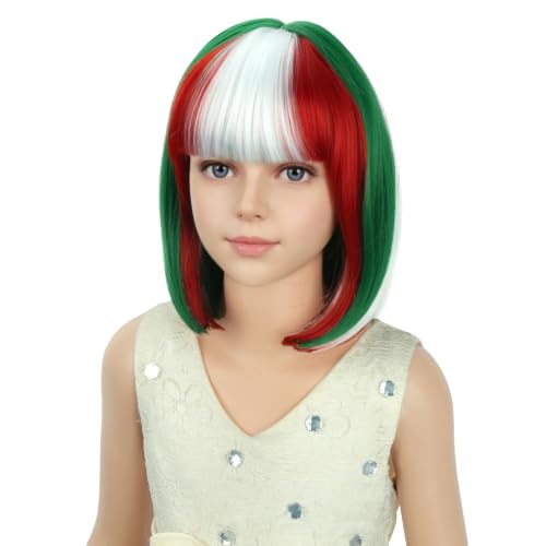 Image of PATTNIUM Girls Green White and Red Bob Wig Kids Christmas Short Straight Wig with Bangs Cosplay Party Synthetic Rose Net Daily Wear Wig