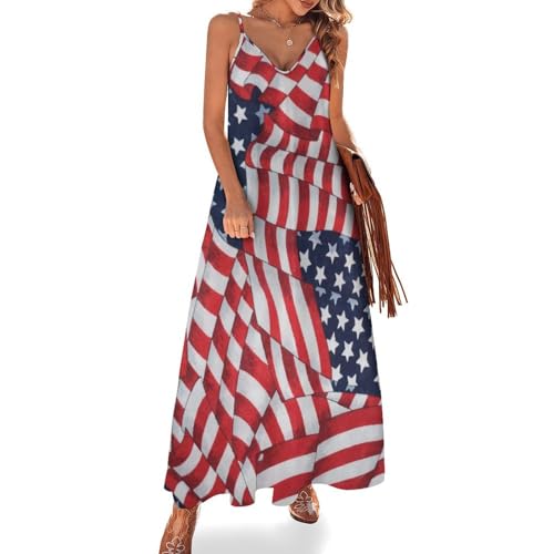 Robe maxi col V imprimé drapeau américain pour été décontracté
