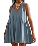 OPCAKM Women's V Neck Sleeveless Mini Dress Loose Summer Pleated Swing Flowy Sundress(Bluegrey-M)