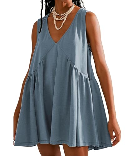 OPCAKM Women's V Neck Sleeveless Mini Dress Loose Summer Pleated Swing Flowy Sundress(Bluegrey-M)