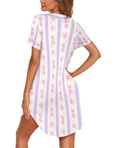 Image of Ekouaer Nightgowns for Women Button Down Night Gown Short Sleeve Sleepshirt | V Neck Nightshirt Soft Sleepwear Pajams Dress for Night, Sleep, Bedroom, Labor, Delivery, Maternity, Nursing, Hospital