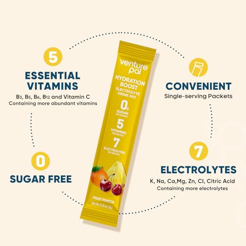 Image of Venture Pal Sugar Free Electrolyte Powder Packets, Keto Friendly, 16 Sticks | Liquid Daily IV Hydration Packets for Rapid Rehydration. 7 Electrolytes & 5 Vitamins | Vegan | Fast Dissolve