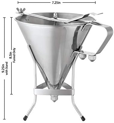 MAGIIN Professional Confectionery Funnel with Stand & 3 Nozzles, Stainless Steel Batter Dispenser Bakery Use Cake Decorating Tool 7-1/2 inch Diameter