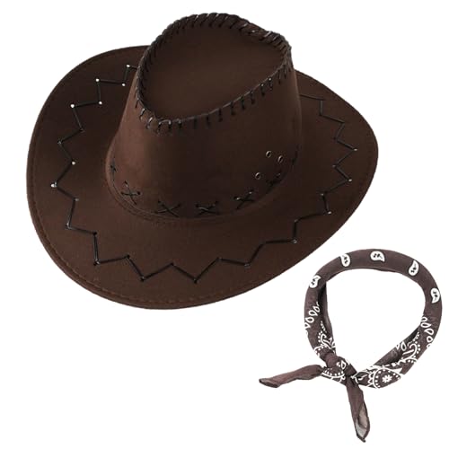 Copbopwn Unisex Adult Cowboy Hat and Bandana Set - Classic Western Style, Coffee Color, One Size Fits Most, Sun Protection, Adjustable, Breathable, Lightweight