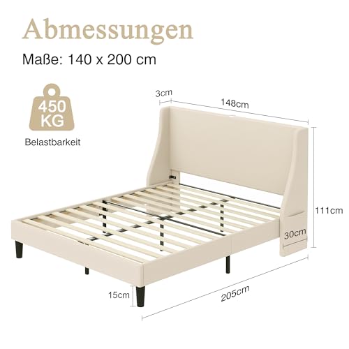 VECELO Polsterbett 140x200 cm mit USB & Type-C Anschlüssen, Doppelbett mit Kopfteil und 2 Seitentaschen, Bett Bettrahmen Bettgestell mit Lattenrost, Jugendbett, Leinen, Ohne Matratze, Beige