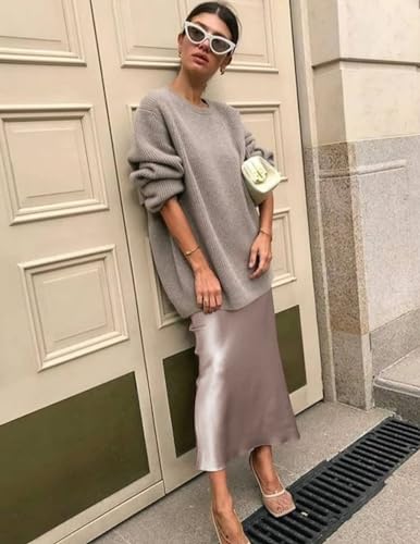 HOTOUCH Womens Midi Skirt High Waisted Solid Satin Dress Zipper Elegant Work Skirts4