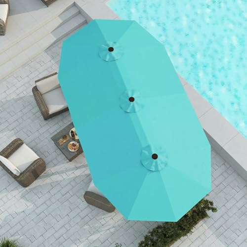 Patio Kingdom 15FT Double Sided Patio Umbrella with Base Included, Double Sided Outdoor Market Umbrella with Flexible Fiberglass Ribs, UV-Blocking Extra Large Umbrella for Garden, Pool, Deck, Aqua Blue by Patio Kingdom - Used condition - Image 2