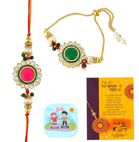 Image of CraftVatika Rakhi for Brother Bhabhi Gift Combo, Kundan Rakhi with Fridge Magnet, Couple Pair Rakhi for Bhaiya Bhai Bhabhi, Set of 2 Kundan Rakhi for Men Women Tilak Set