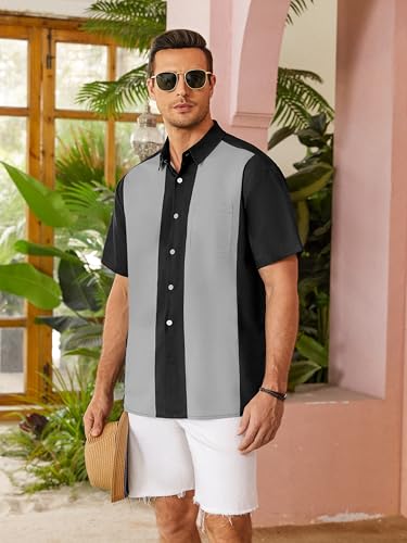 Hardaddy Men'S Vintage Bowling Shirt Short Sleeve Button Down Hawaiian Summer Beach Casual Shirts Gray Xl thumb #4