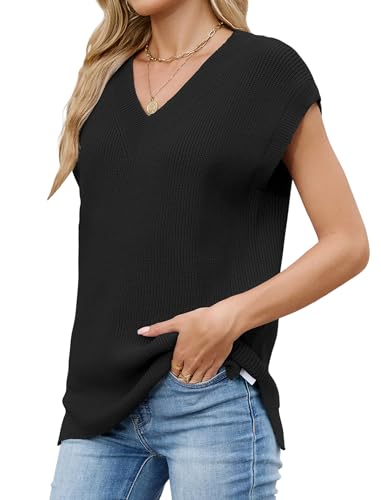 ZAFUL Womens V Neck Sweater Vest Cap Sleeve Oversized Ribbed Cable Knit Casual Loose Tank Top Pullover
