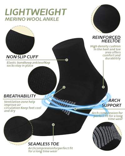 Image of 90% Merino Wool Socks for Men Athletic Ankle Socks for Women with Arch Support Breathable Soft Wool Ankle Socks,3 Pairs