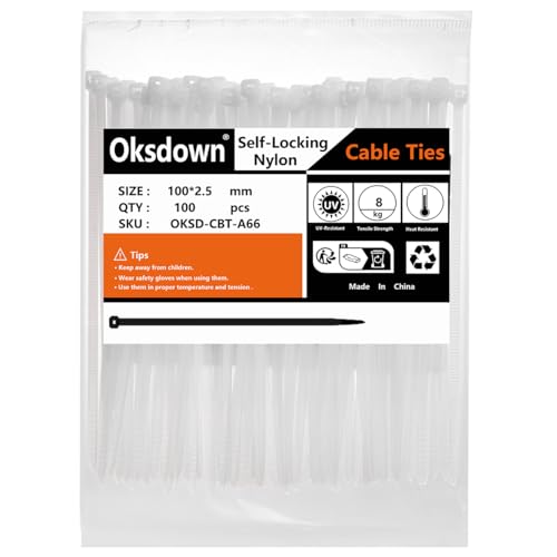 Oksdown Collier de Serrage en Nylon 100 mm × 2,5 mm Attache Câble Plastique Rilsan Serre Câbles Petit Format, Blanc, Lot de 100 Pièces