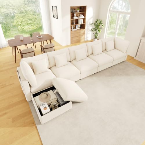 Sapgaks Canapé d'angle Convertible XXL en L,Pouf Amovible avec Espace de Rangement,Poches latérales,canapé Convertible 6 Places,5 Coussins,Chenille et gaufré,Beige – vue 4