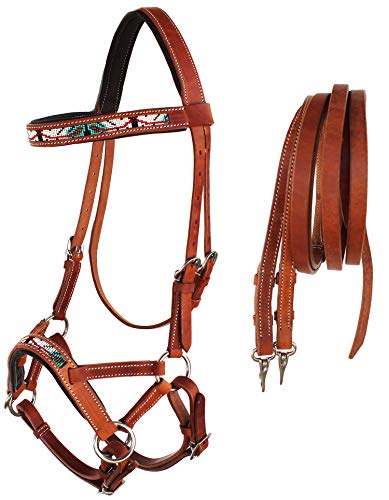CHALLENGER Horse Western Padded Leather Beaded Bitless Sidepull Bridle 77RT18TN-F