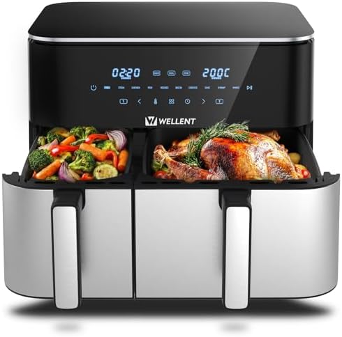 11L Air Fryer 2 compartiments(4+7L) - WELLENT 2600W XXL Airfryer avec Dual Zones, 10-in-1 Programmes, Écran Tactile, Fonction Match&Sync, Rappel de Secousse passe au lave-vaisselle