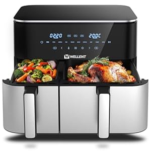 Heißluftfritteuse 2 Kammern, 2600W 11L Airfryer XXL(4+7L) WELLENT 10-in-1 Heissluftfritteuse Doppelkammer Air fryer Dual Zone mit Touchscreen, Match & Synchronisierungsfunktion, spülmaschinenfest