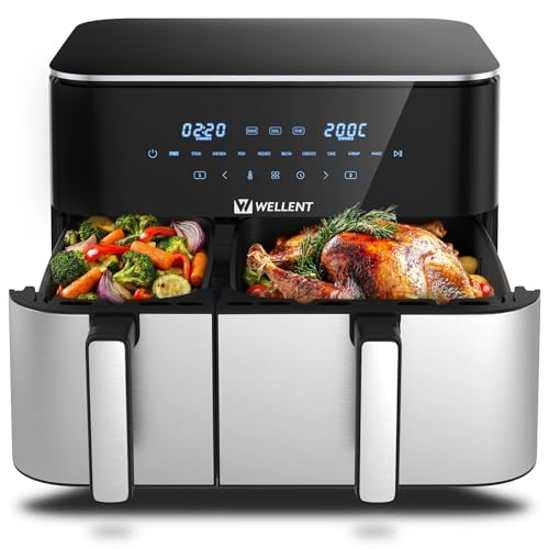 WELLENT 11L Air Fryer con Doble Cestas(4+7L) - 2600W Freidora Aire con Doble Resistencia - Airfryer Multifuncional con 10 Programas Preestablecidos, Pantalla Táctil, Fácil de Limpiar