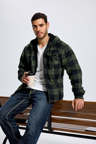 Image of TanBridge Men's Cotton Plaid Shirts Jacket Full Zip Fleece Flannel Sherpa Lined Hoodies Heavyweight Hoodies Jacket for Men