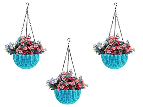 Image of Go Hooked Plastic Hanging Planter, Light Blue, Pot Diameter-7.1 Inch, Pot Height-4.8 Inch, Pot Thickness-3 mm, Chain Length-13 inch Approx., 3 Pieces (RattPotLightBlu-3)