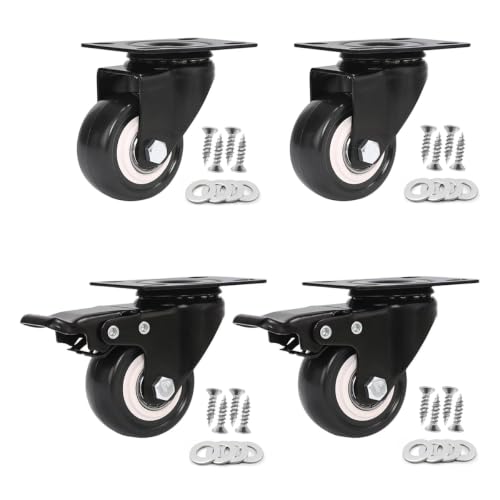 Lot de 4 roulettes de transport robustes 50 mm en polyuréthane avec frein, silencieuses avec plaque, roulettes universelles de 5 cm pour établi, meubles, chariot, avec vis et rondelles