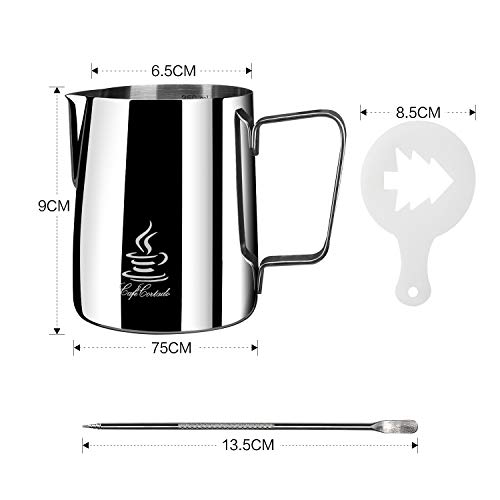 Flamgen Milk Frothing Pitcher With Stainless Steel 304, 12Oz/350Ml, Espresso Steaming Pitcher With Tick Mark, Decorating Art Pen, 16Pcs Coffee Decorating Stencils For Cappuccino Latte Art #TOP3
