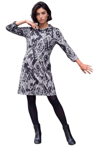 Image of Roman Cowl Neck Dress for Women UK - Ladies Button Detail Shift Work Office Autumn Winter Knee Length Casual 3/4 Full Length Sleeve Round High Warm Neckline - Petite Black - Size 10